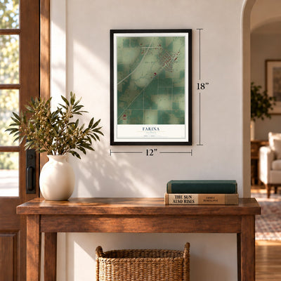 Farina, Illinois map, 12 x 18 inch print in a black frame in an entryway
