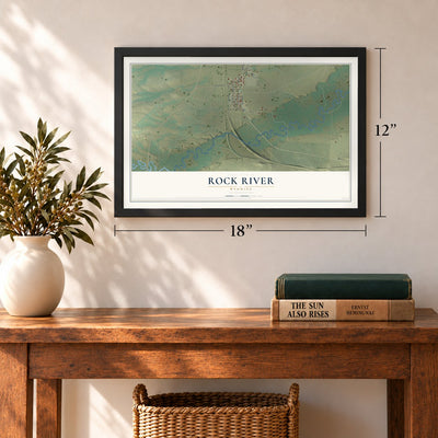 Rock River, Wyoming map, 12 x 18 inch print in a black frame in an entryway