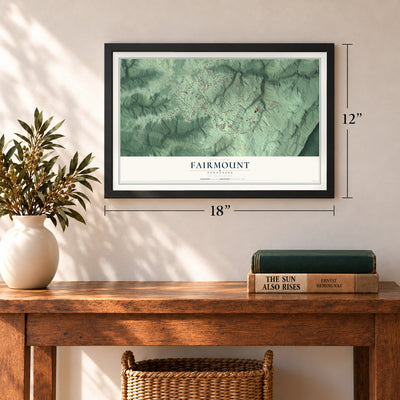 Fairmount, Tennessee map, 12 x 18 inch print in a black frame in an entryway
