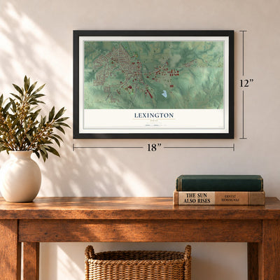 Lexington, Ohio map, 12 x 18 inch print in a black frame in an entryway