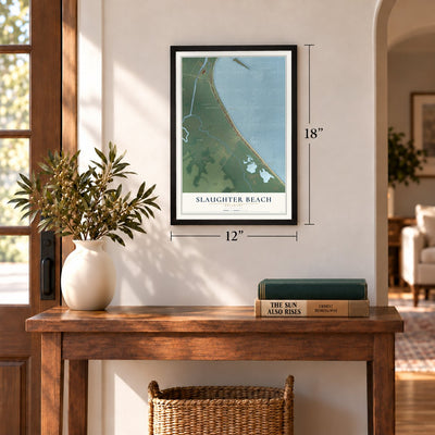 Slaughter Beach, Delaware map, 12 x 18 inch print in a black frame in an entryway