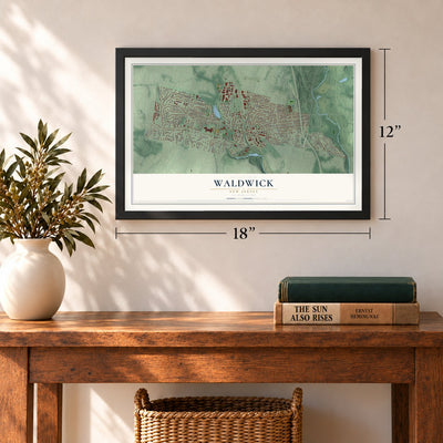 Waldwick, New Jersey map, 12 x 18 inch print in a black frame in an entryway
