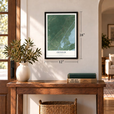 Awendaw, South Carolina map, 12 x 18 inch print in a black frame in an entryway
