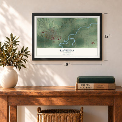 Ravenna, Nebraska map, 12 x 18 inch print in a black frame in an entryway