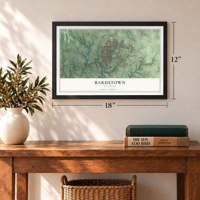 Bardstown, Kentucky map, 12 x 18 inch print in a black frame in an entryway