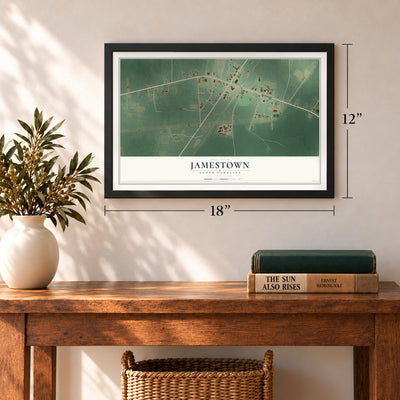 Jamestown, South Carolina map, 12 x 18 inch print in a black frame in an entryway