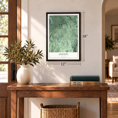 Grafton, New York map, 12 x 18 inch print in a black frame in an entryway