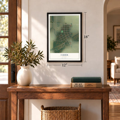 Farber, Missouri map, 12 x 18 inch print in a black frame in an entryway