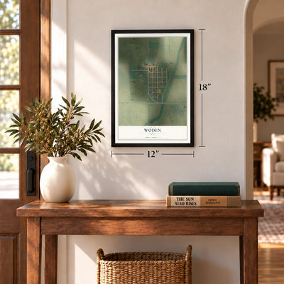 Woden, Iowa map, 12 x 18 inch print in a black frame in an entryway