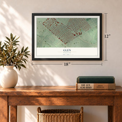 Glen, Maryland map, 12 x 18 inch print in a black frame in an entryway