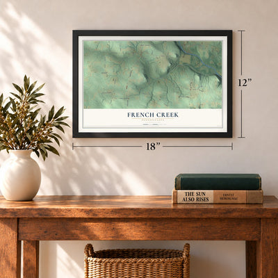 French Creek, Pennsylvania map, 12 x 18 inch print in a black frame in an entryway
