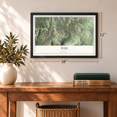 Wise, Virginia map, 12 x 18 inch print in a black frame in an entryway