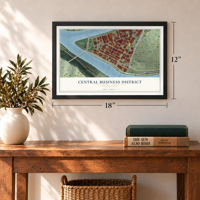 Central Business District, Pennsylvania map, 12 x 18 inch print in a black frame in an entryway