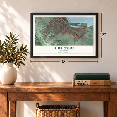 Burlingame, California map, 12 x 18 inch print in a black frame in an entryway