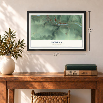 Modena, Pennsylvania map, 12 x 18 inch print in a black frame in an entryway