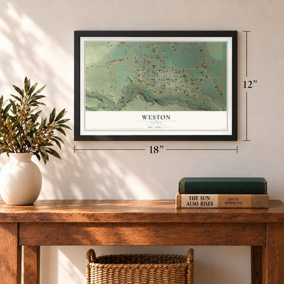 Weston, Idaho map, 12 x 18 inch print in a black frame in an entryway