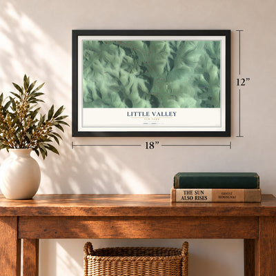 Little Valley, New York map, 12 x 18 inch print in a black frame in an entryway