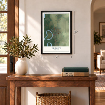 Augusta, Arkansas map, 12 x 18 inch print in a black frame in an entryway