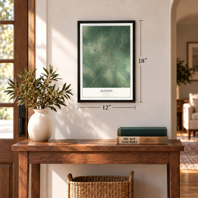 Alston, Georgia map, 12 x 18 inch print in a black frame in an entryway