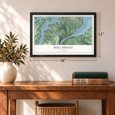 Bull Shoals, Arkansas map, 12 x 18 inch print in a black frame in an entryway