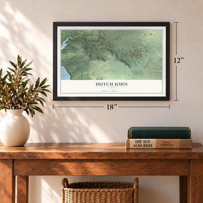 Dutch John, Utah map, 12 x 18 inch print in a black frame in an entryway