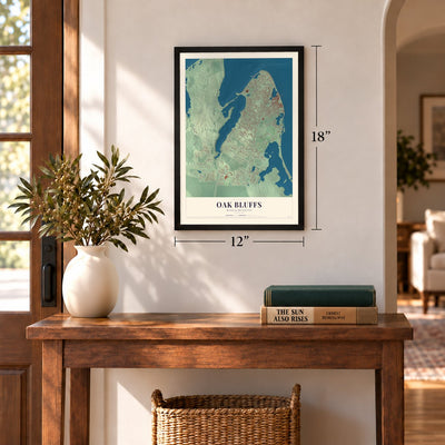 Oak Bluffs, Massachusetts map, 12 x 18 inch print in a black frame in an entryway