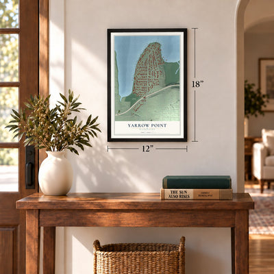 Yarrow Point, Washington map, 12 x 18 inch print in a black frame in an entryway