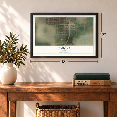 Tahoka, Texas map, 12 x 18 inch print in a black frame in an entryway