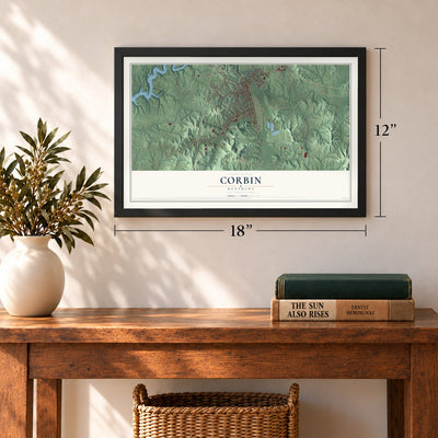 Corbin, Kentucky map, 12 x 18 inch print in a black frame in an entryway