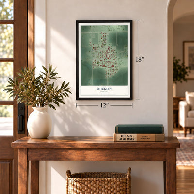 Shickley, Nebraska map, 12 x 18 inch print in a black frame in an entryway