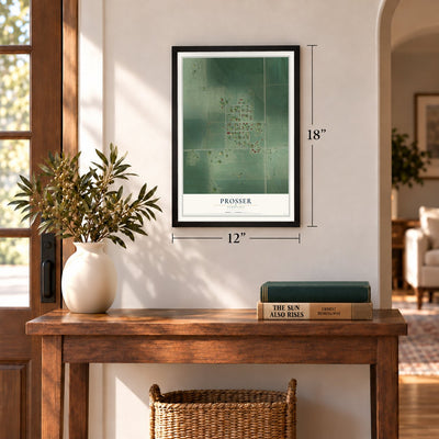 Prosser, Nebraska map, 12 x 18 inch print in a black frame in an entryway