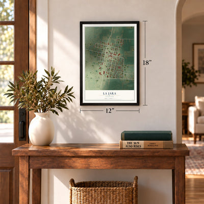 La Jara, Colorado map, 12 x 18 inch print in a black frame in an entryway