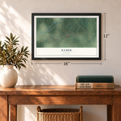 Ramer, Tennessee map, 12 x 18 inch print in a black frame in an entryway