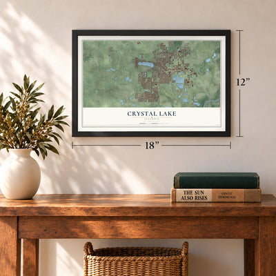 Crystal Lake, Illinois map, 12 x 18 inch print in a black frame in an entryway