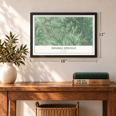 Double Springs, Alabama map, 12 x 18 inch print in a black frame in an entryway