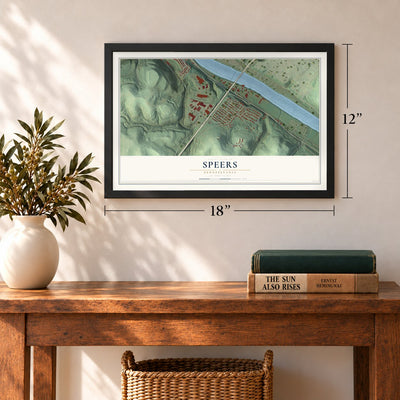Speers, Pennsylvania map, 12 x 18 inch print in a black frame in an entryway