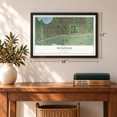 Wenonah, Minnesota map, 12 x 18 inch print in a black frame in an entryway