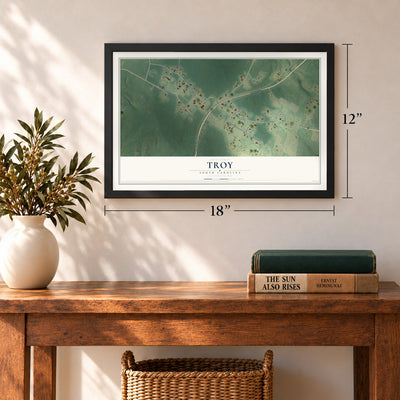 Troy, South Carolina map, 12 x 18 inch print in a black frame in an entryway