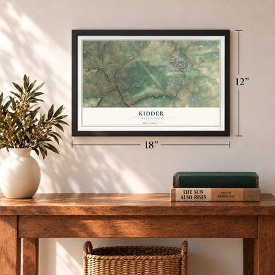Kidder, Pennsylvania map, 12 x 18 inch print in a black frame in an entryway