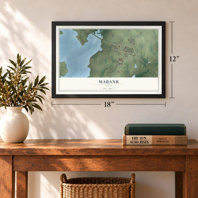 Mabank, Texas map, 12 x 18 inch print in a black frame in an entryway