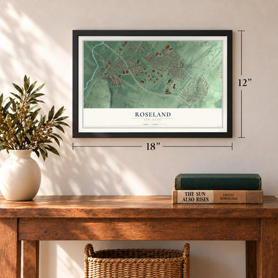 Roseland, New Jersey map, 12 x 18 inch print in a black frame in an entryway