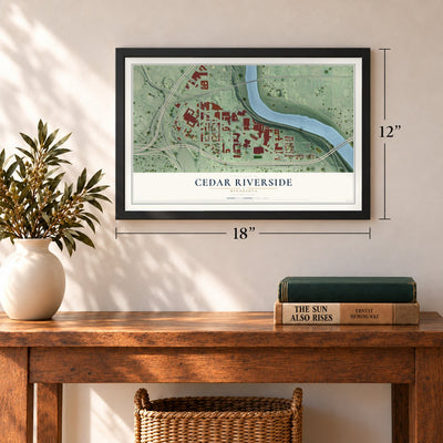 Cedar Riverside, Minnesota map, 12 x 18 inch print in a black frame in an entryway