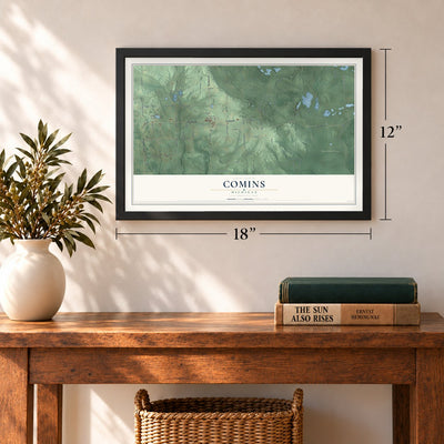 Comins, Michigan map, 12 x 18 inch print in a black frame in an entryway