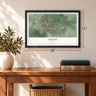 Fresno, Texas map, 12 x 18 inch print in a black frame in an entryway