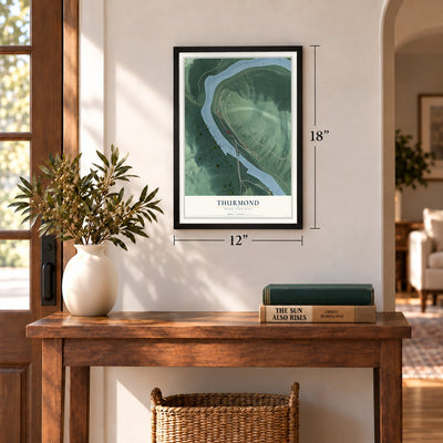 Thurmond, West Virginia map, 12 x 18 inch print in a black frame in an entryway