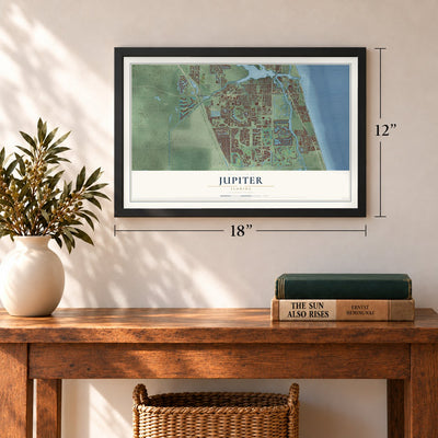 Jupiter, Florida map, 12 x 18 inch print in a black frame in an entryway