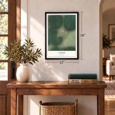 Lamar, Nebraska map, 12 x 18 inch print in a black frame in an entryway