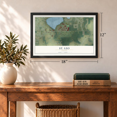 St. Leo, Florida map, 12 x 18 inch print in a black frame in an entryway