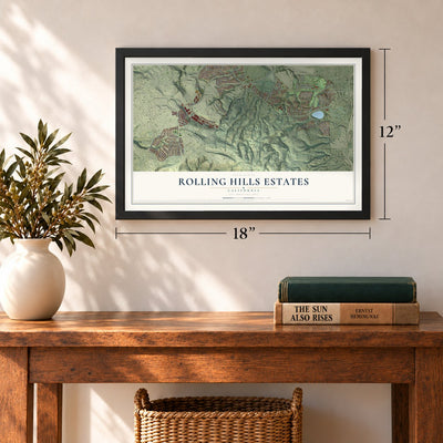 Rolling Hills Estates, California map, 12 x 18 inch print in a black frame in an entryway