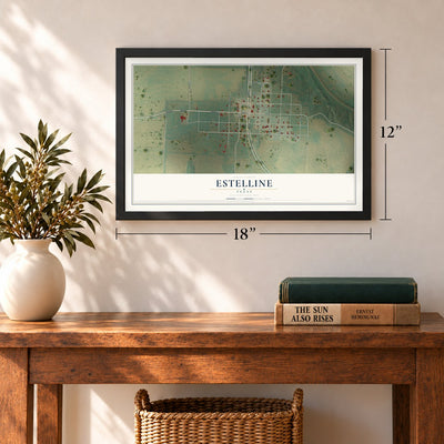 Estelline, Texas map, 12 x 18 inch print in a black frame in an entryway